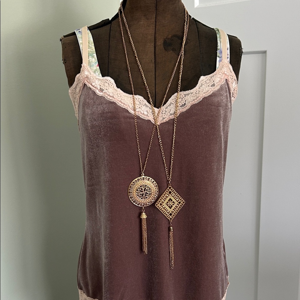 2 long medallion style gold tone necklaces vintage with tassels light weight